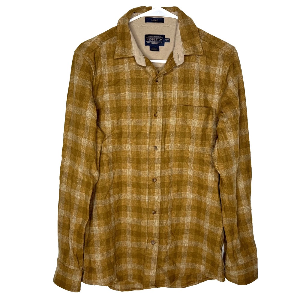 Pendleton Lodge Wool Shirt Mens Small Brown Tan Plaid Button Down